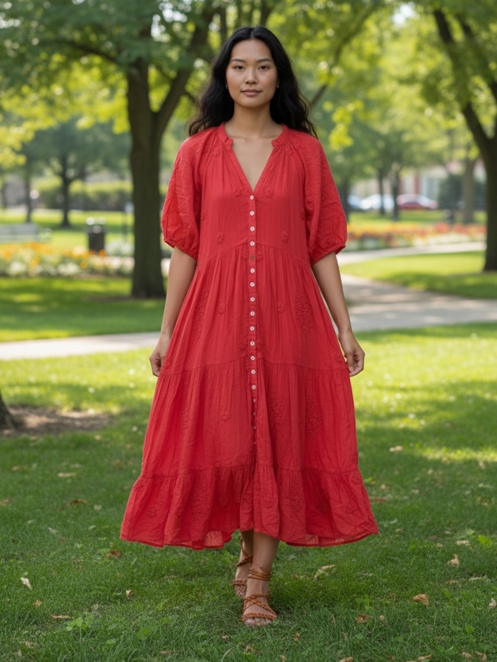 Kyla Seo Posie Tomato Red Button-Front Midi Dress Small
